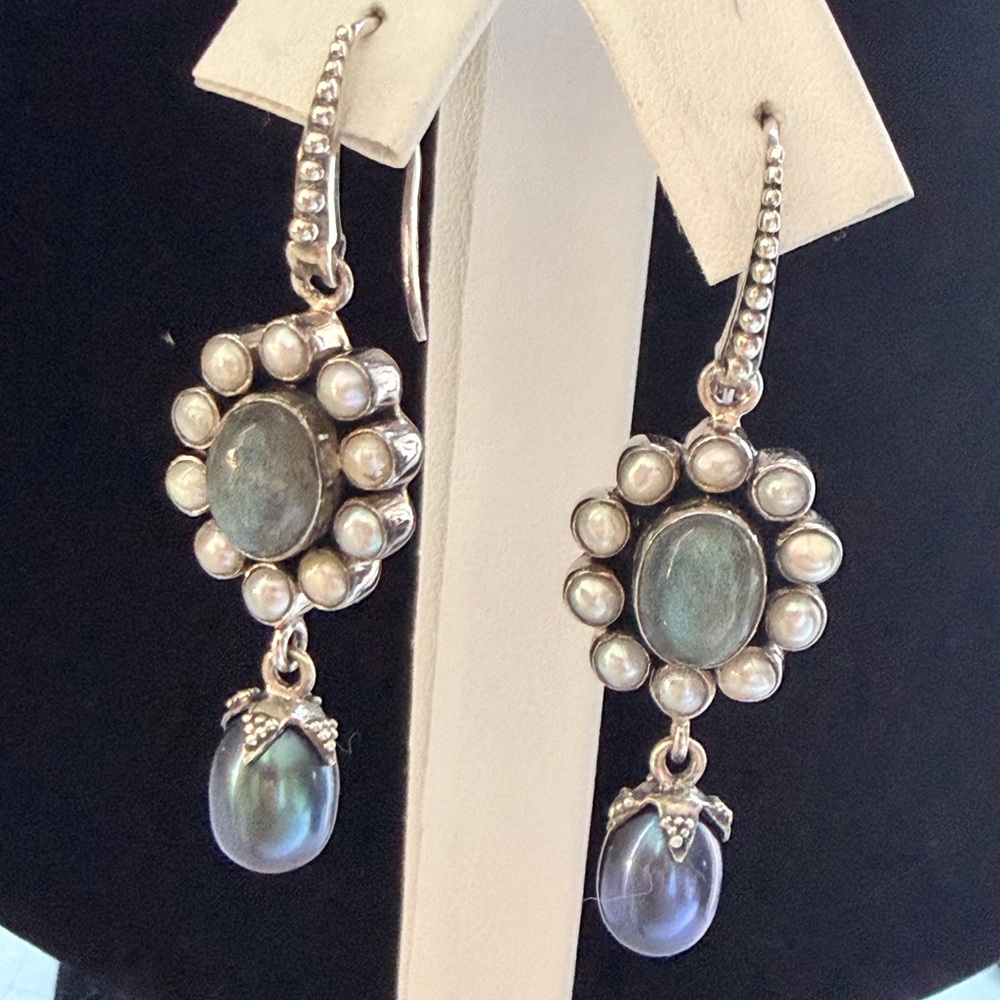 Sterling Silver Labradorite & Peacock Freshwater Pearl Dangle Earrings